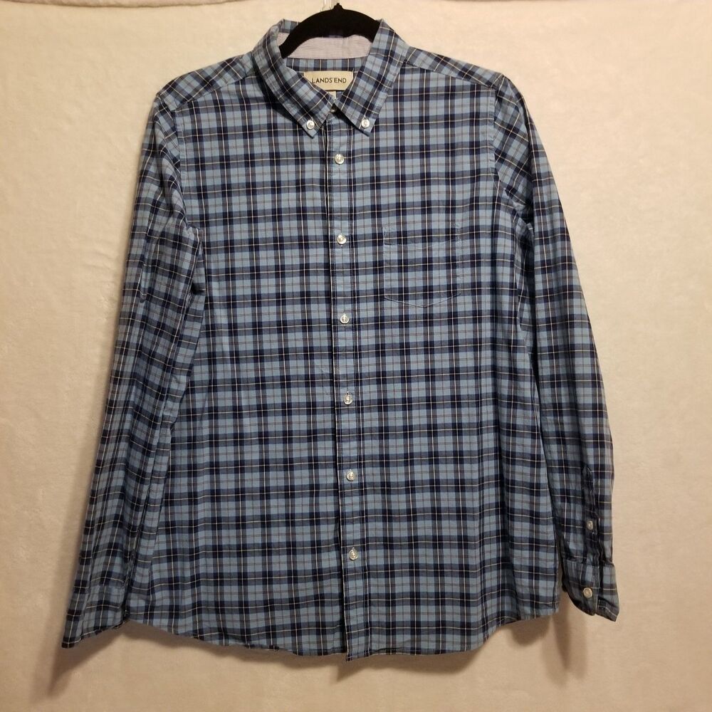 Land's End XL Top Pima Cotton Lightweight Button Front Blue Plaid Preppy Classic